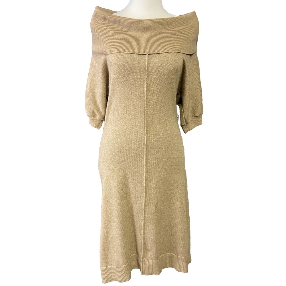 Banana Republic Sweater Dress Womens S Beige Off Shoulder Knit Short Puff Sleeve